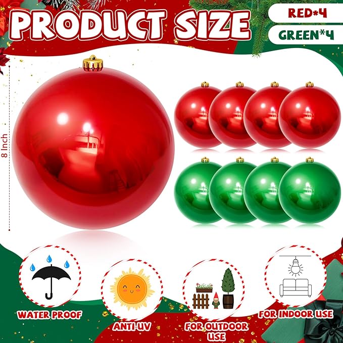 8 Pcs Christmas Ball Ornaments 8 Inch UV Resistant and Waterproof Shatterproof Shiny Plastic Christmas Tree Hanging Ornaments Decoration for Indoor Outdoor Holiday Party(Red, Green)