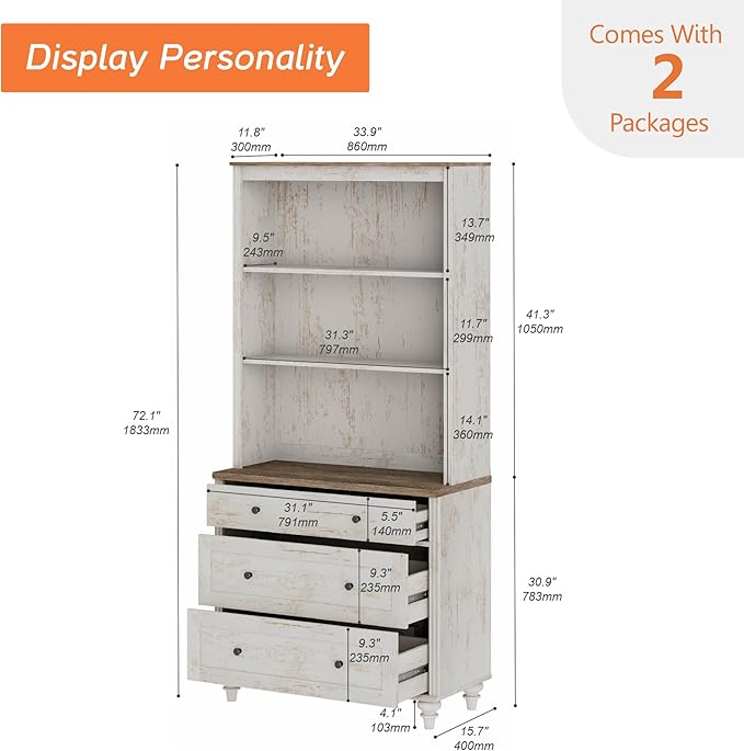 WAMPAT 3 Tier Bookshelf with 3 Drawers, 72" Tall Bookcase Large Farmhouse Display Book Case Shelf with 3-Tier Open Book Shelfs，Library Wood Bookshelves for Living Room,Kitchen, Rustic White