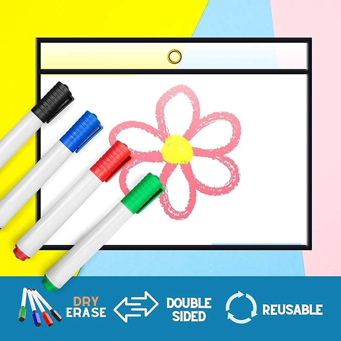 Office Werks Stitched Dry Erase Pockets Black, Landscape View Heavyduty 11" X 8.5" Clear Both Sides Plastic Sleeves with 1 Hole for Attaching to Machinery, File Cabinets, Hanging, Black Trim (25 Pack)