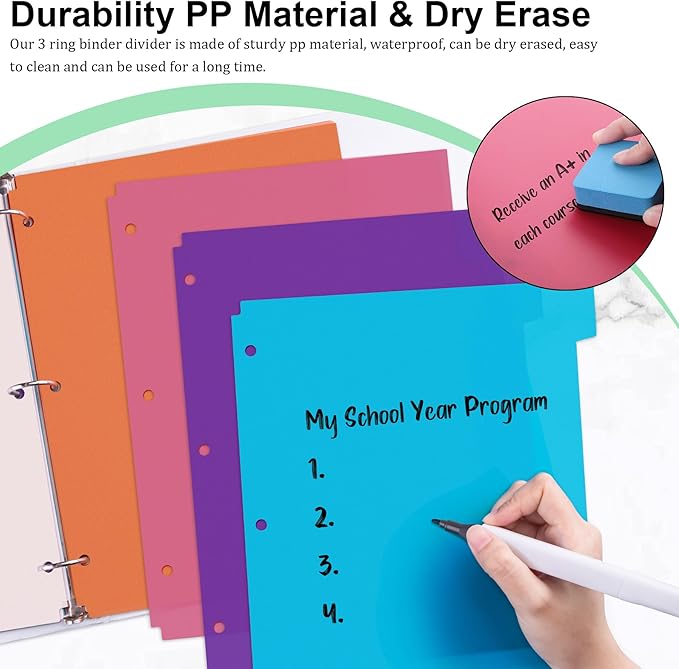 48PCS/6 Set Binder Dividers with Tabs, 8-Tab Dividers for 3 Ring Binder, 3-Hole Punched Letter Size Plastic 3 Ring Binder Dividers for School Office Home Document Organizer, Multicolor