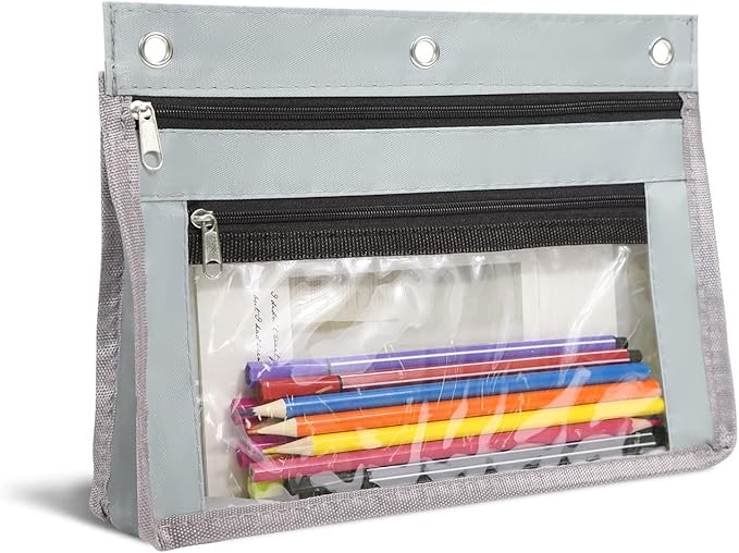 YoeeJob 1 Pack Pencil Pouch for 3 Ring Binder, Expandable Binder Pouches with Zipper, Large Capacity Pen Holder Case with Clear Window School Class Office Organizers, Grey