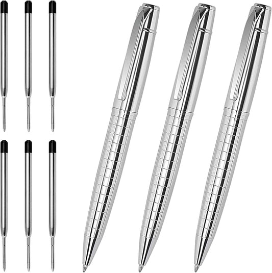 Cambond Ballpoint Pens Bulk - 1.0 mm Medium Point Metal Pens for Journaling Gift Business Men Police Flight Attendants, 3 Nice Pens with 6 Refills (Sliver)
