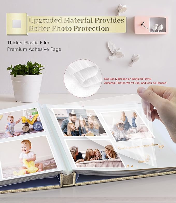 Photo Album Self Adhesive Scrapbook Album for 3x5 4x6 5x7 8x10 Pictures,60 Pages Linen Cover with Display Window DIY Photo Book,Ideal Gifts for Family Travel Wedding Baby