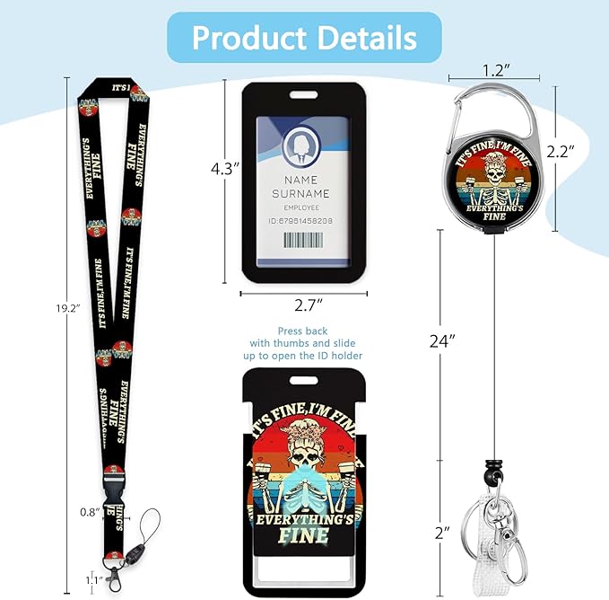 It`s Fine I`m Fine Lanyards for ID Badges, Funny Badge Reels Retractable Heavy Duty with 360° Swivel Carabiner Clip, Cute ID Clip ID Holder with Breakaway Lanyard