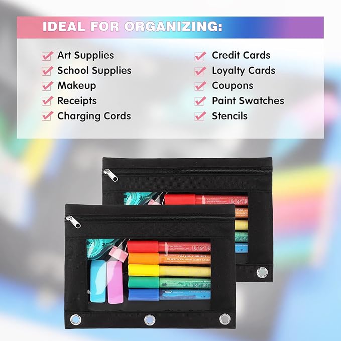 Tamaki 3 Ring Binder Pencil Pouch, Clear Window Pencil Case, Black, 3 Pack