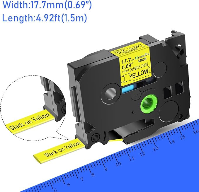10PK Compatible for Ptouch HSe-641 HSe641 HS-641 HS641 Black on Yellow 17.7mm 0.69'' Heat Shrink Tubing for Wire Cable for PT9200dx PT9400 PT9500pc PT9600 Label Maker Tape