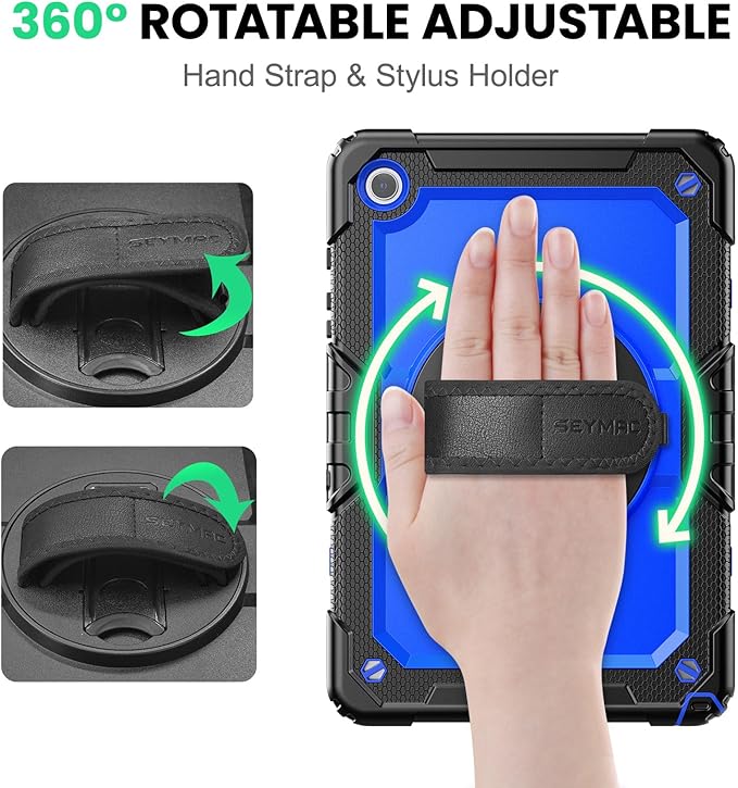 SEYMAC Case for Samsung Galaxy Tab A9+/ A9 Plus 11" (SM-X210/X216/X218), Heavy Duty Shockproof Protective Case with Screen Protector, Rotating Stand, Hand/Shoulder Strap and Pen Holder, Blue