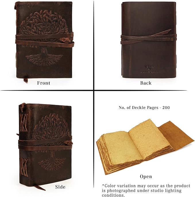LUXEORIA Leather Journal for Women and Men, 200 Pages - 5"x7", Travel Dairy, Unlined Women's Notebook, Tree Of Life Sketchbook for Drawing, Writing- Antique Deckle Edges Handmade Paper, Vintage Brown