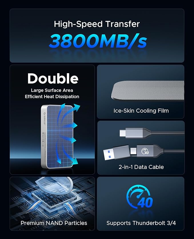 ORICO 4TB USB4.0 External SSD 3800MB/s(40Gbps) - Ultra-Fast Portable NVMe SSD, Compatible with Thunderbolt 3/4, Fanless Aluminum Design for Photographers, Video Editors X40