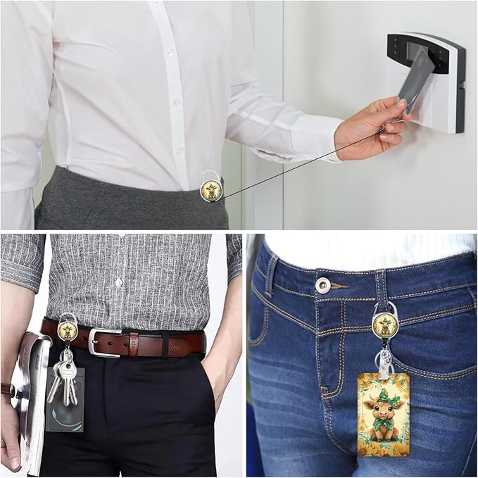 Gctriki Highland Cow Lanyards for ID Badges, Sunflower Cow id Holder with Lanyard, Cute Retractable Badge Reel Clip Keychain Name Tag Protector for Women Nurse Teacher Student Workers Office Gifts