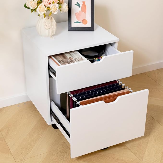 HollyHOME 2-Drawer Wood File Cabinet, Under Desk Cabinet for Home Office, Rolling Storage Shelf for Home, Printer Stand, for A4, Letter-Size, 11.8in Hanging File Folders, White
