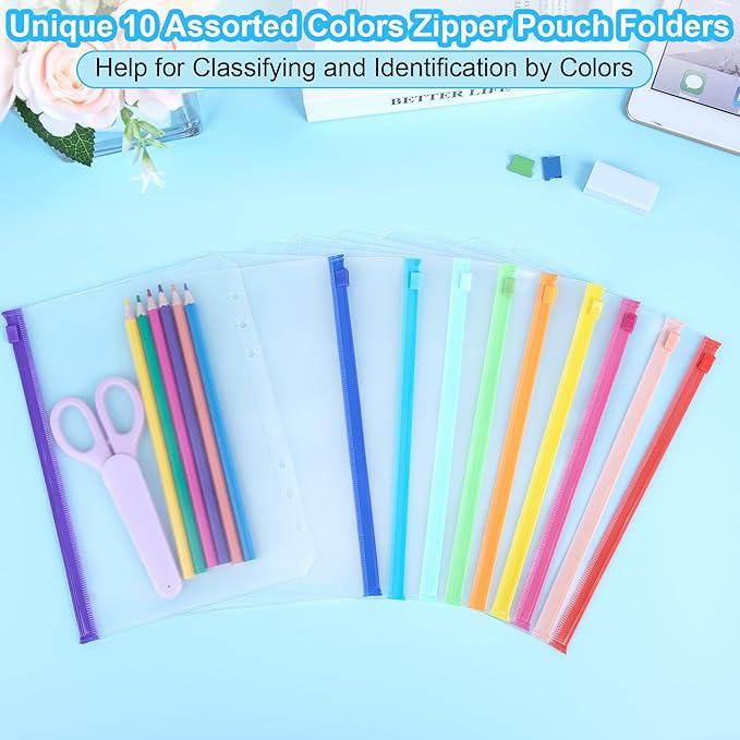 Antner 50PCS A5 Binder Pockets 6-Hole Cash Stuffing Envelopes for Money Saving, 10 Assorted Color Zipper Pouch Folders Budget Planner Inserts Loose Leaf Money Organizer Bags for A5 6-Ring Binder