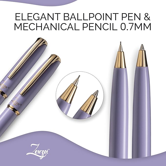 ZenZoi Elegant Pen and Pencil Metal, Retractable Luxury Ballpoint Pen & Mechanical Pencil 0.7 MM. Fancy, Quality Writing Set for Women, Men