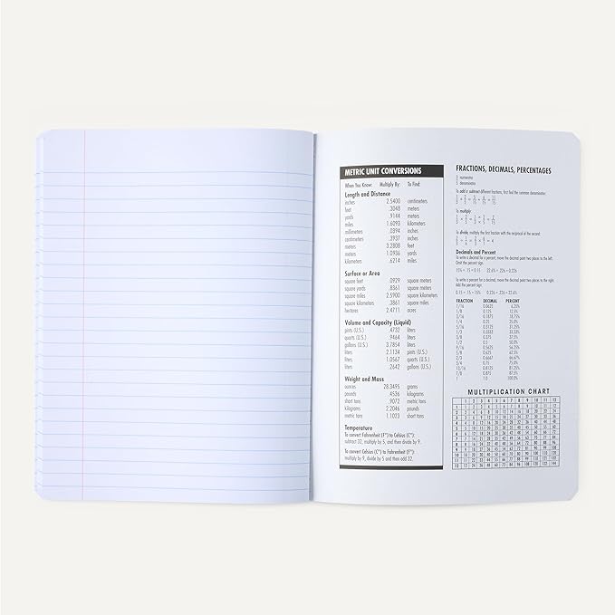 Amazon Basics Composition Notebook, Wide-Ruled, Sturdy Cover with Conversion Charts, for School, Home, and Office Use, 100 Sheets, 4-Pack, Marble Black, 9.75" x 7.5"