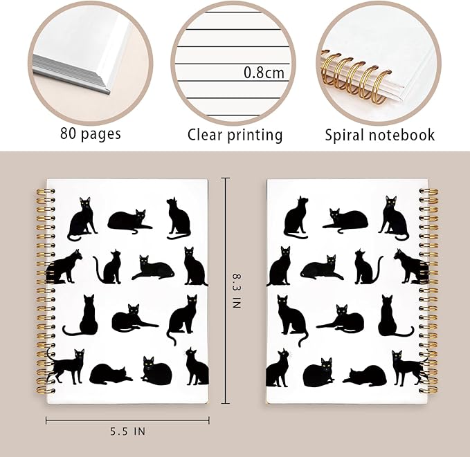 Cat Notebook, Cat Journal - Cat Gift Journal, Black Cat Spiral Notebook, Black Cat Gifts, Cat Notepad, Cat Stationary, College Ruled Spiral Notebook 80 Sheets -160 Pages 5.5x8.3 Inch