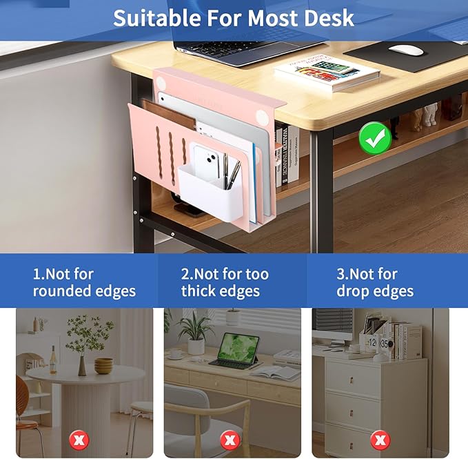 LUKETURE Desk Side Storage, 2 Tier Steel Hanging Organizer, No Drill Side Desk Organizer, Laptop Holder, with Pen Holder, Hanging Table Storage for Office Home, Fits Flat Edge Tables 0.3" to 2.8"