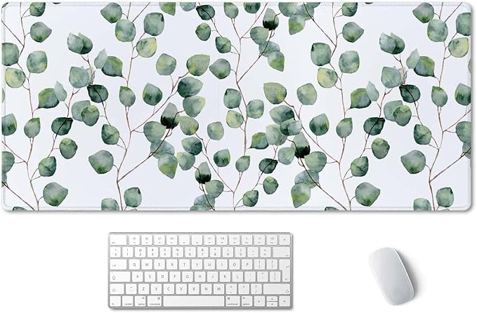SSOIU Extended Gaming Mouse Pad XXL ArtSo Large Keyboard Mat Long Mousepad Desk Decor Writing Pad Non Slip Rubber Base Stitched Edges for Work, Game, Office, Home, 35.5" x 15.7", Eucalyptus Leaves