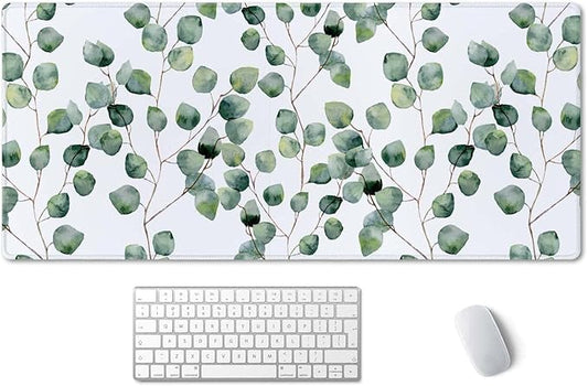 SSOIU Extended Gaming Mouse Pad XXL ArtSo Large Keyboard Mat Long Mousepad Desk Decor Writing Pad Non Slip Rubber Base Stitched Edges for Work, Game, Office, Home, 35.5" x 15.7", Eucalyptus Leaves