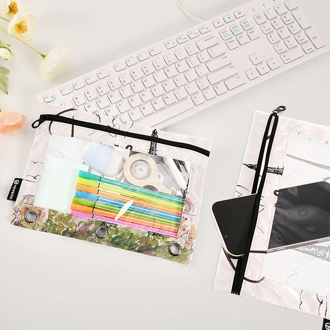 ZAZYXTJ Eiffel Tower Binder Pencil Pouchs 3 Ring with Zipper Clear Window Office Organizers bag for School Students Teacher Supplies 2 Pack