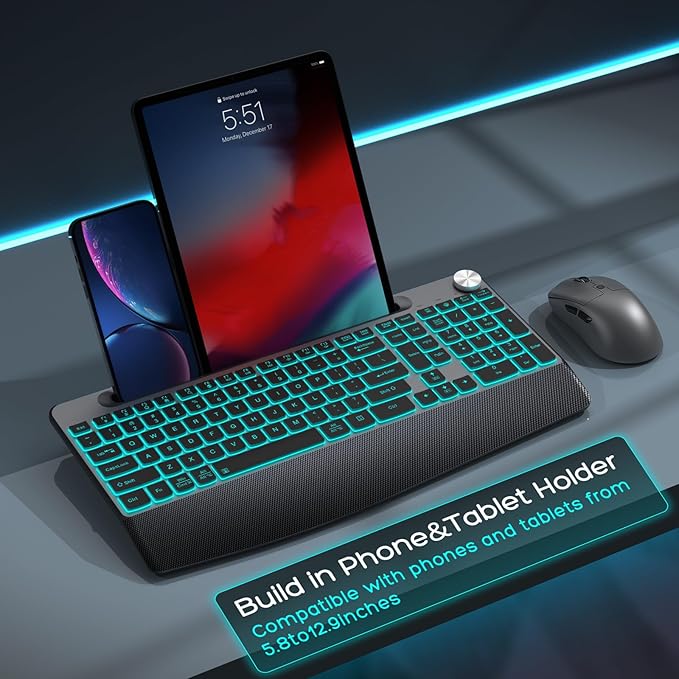 Backlit Keyboard and Mouse Combo, 7 Colors Wireless Keyboard Ergonomic with Wrist Rest and Volume Knob,Phone Holder,Rechargeable with Light Up Keyboard for Laptop, PC, Mac, Windows -Black
