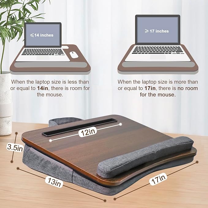 Portable Lap Desk for Laptop with Cushion, Storage Bag Fits Up to 15.6 Inch Laptop, Adults with Ipad/Phone&Pillow Holder for Home Office Bed Couch - Walnut Color