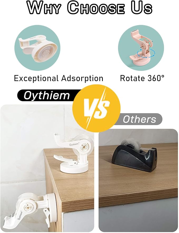 Mini White Tape Dispenser｜Non-Slip Suction Cup & 360° Rotating Arm for One-Handed Operation, Small Clear Suction Cup Tape Dispenser Desk for Packing, Office, Home, Fits 1" Core