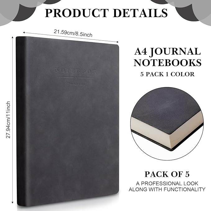 SATINIOR 5 Pack A4 Notebooks Large Journal 360 Pages Leather Softcover Hardcover Notebooks Thick Paper Lined Notepad for Office School Business Note Taking Writing, 8.5'' x 11''(Black)