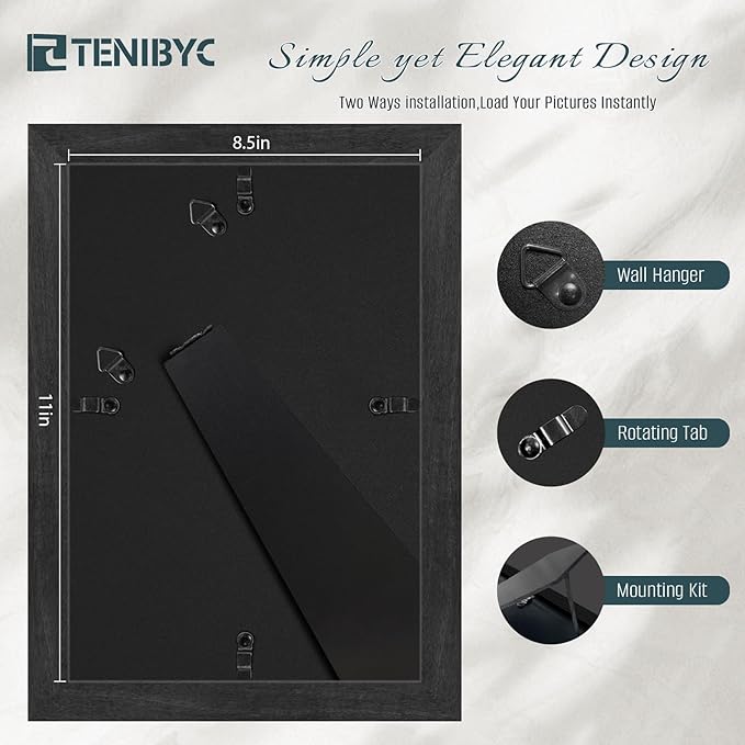 8.5x11 Picture Frame Black - 4 Pack, HD Tempered Glass, Elegant Wood Grain Photo Frame, Suitable for Certificate Document, Table or Wall Display