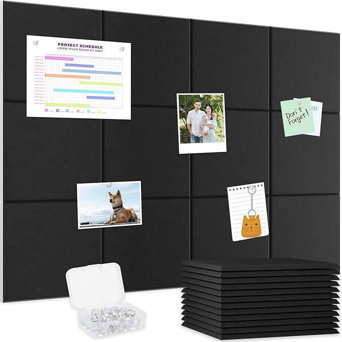 Smarpau Large Cork Board, Black Bulletin Board for Walls 48"x36", 12 Pack Pin Board Felt Wall Tiles with 35 Pushpins 50 Removable Security Stickers, Cork Boards for Office Home Decoration