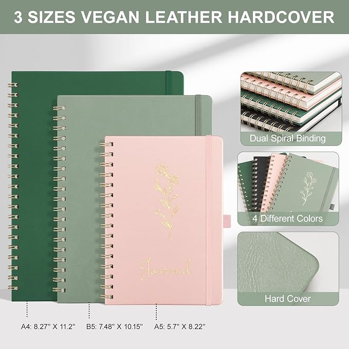 EMSHOI A4 Graph Grid Notebook - 110 Pages 100GSM Grid Paper, Vegan Leather Floral Cover with Spiral Binding for Engineering, Bullet Journaling, School & Work - Includes Ruler, Pockets & Stickers-Black