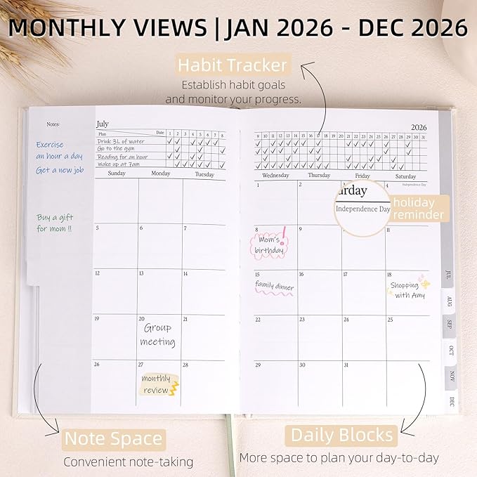 2026 Planner - Weekly and Monthly Planner, January 2026 - December 2026, Linen Hardcover, 2026 Calendar Planner Book with Tabs, Aesthetic, Perfect for Office Home School Supplies (Beige, A5)
