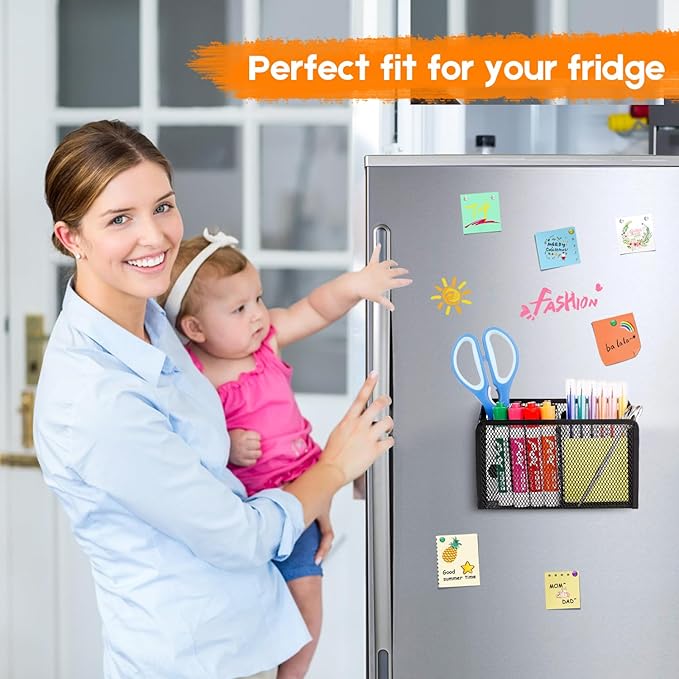 Ameceres Magnetic Pencil Holder - Extra Strong Magnets Mesh Marker Holder Perfect for Whiteboard, Refrigerator and Locker Accessories (2 Baskets, 1 Pack Black)