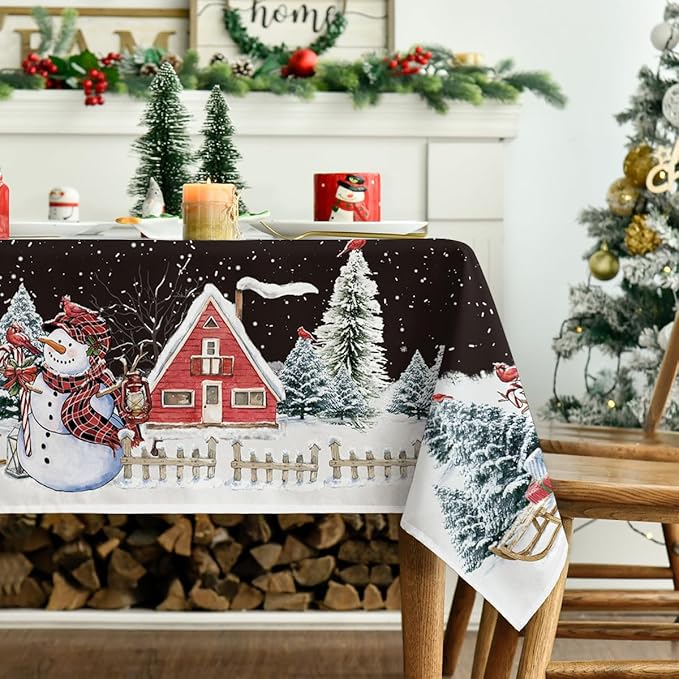Horaldaily Christmas Tablecloth 60×140 Inch Rectangular, Winter Snowman House Christmas Trees Black Washable Table Cover for Party Picnic Dinner Decor