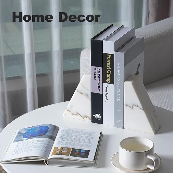 Marble Book Ends White, Heavy Duty Book Ends for Shelves, Decorative Natural Book Stopper，Unique Decorative Bookend for Home Shelves Calacatta Natural Marble Bookend, Set of 2