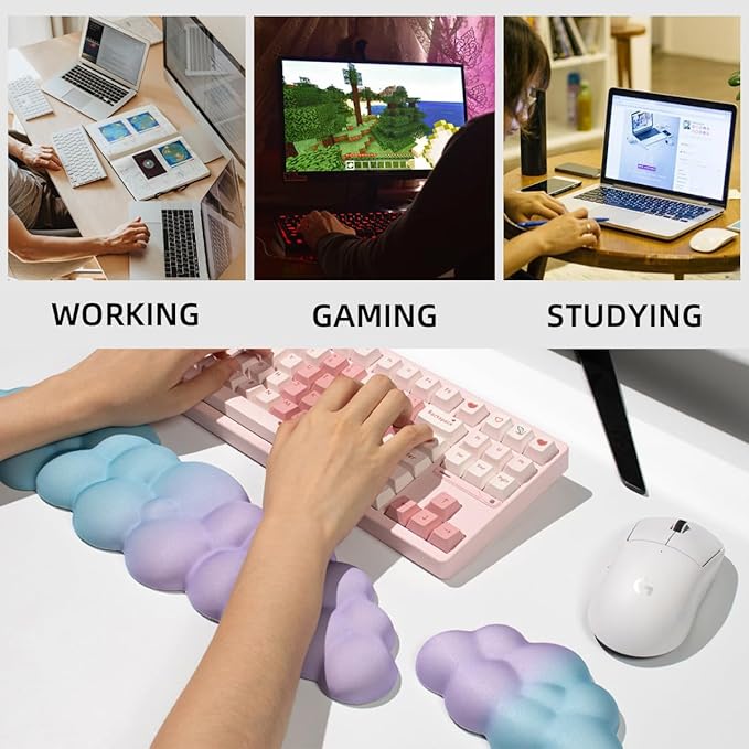 Cloud Wrist Rest for Mouse, 2 Pack Blue Purple Gradient Cloud Keyboard Wrist Support, Soft Memory Foam with Non-Slip Base, Desk Accessories for Office Gaming Computer