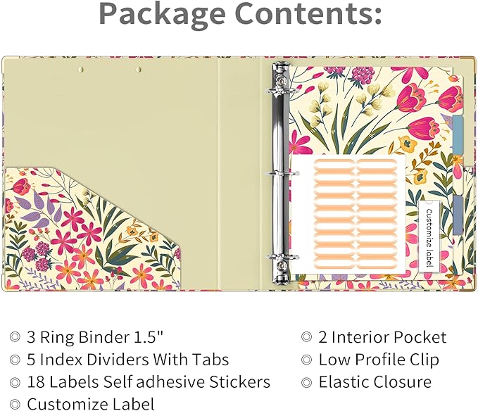 Ospelelf 3 Ring Binder 1.5 Inch, Cute Binder for Letter Size (11" x 8.5") with 5 Tab Dividers, File Folder Labels and Low Profile Clipboards, Floral Binder for School Supplies and Office Supplies