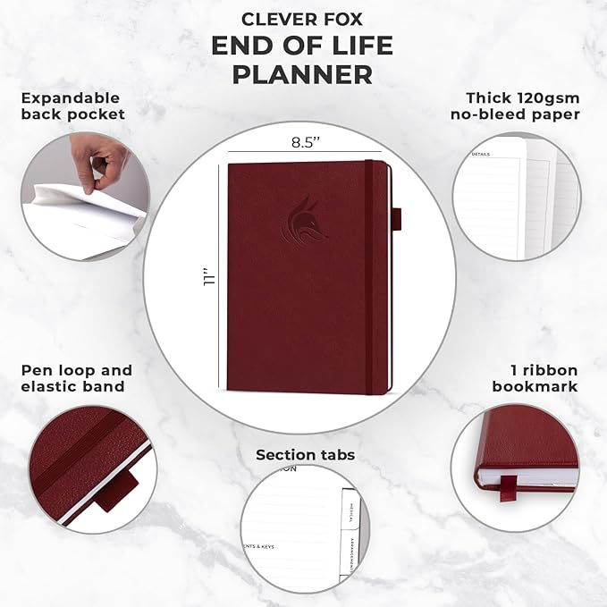 Clever Fox Large End of Life Planner – Guided Final Arrangements Organizer Notebook for Instructions, Beneficiary Info, Will Preparation, Last Wishes & Funeral Planning – 8.5" x 11" (Burgundy)