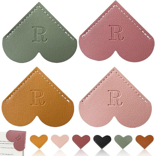 Personalized Leather Heart Bookmark, 26 Letters Customized Corner Book Mark for Reading Women, Book Marker with Initials，Cute Gifts (Light Pink+Deep Pink+Green+Light Brown, R)