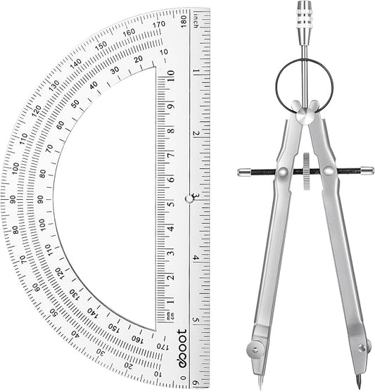 EBOOT Student Geometry Math Set, Drawing Compass and 6 Inch Clear Swing Arm Protractors 180 Degree Math Protractor (Silver)