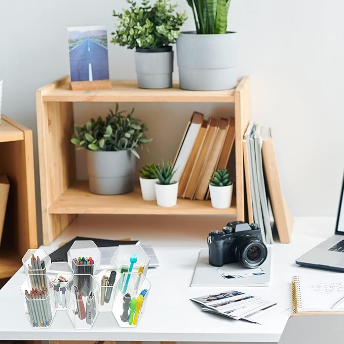 Jetec 12 Pieces Acrylic Office Desk Organizer, Hexagonal Transparent Clear Wall-Mounted Stationery Storage Box, Pencil Organizer Desktop for School Office Supplies