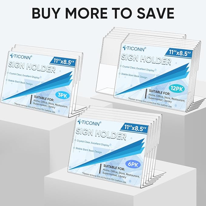 TICONN 11 x 8.5 Acrylic Sign Holder, L Shape Clear Sign Stand for Displaying, Plastic Paper Holder for Office, Store, Restaurant (Horizontal 6 Pack)