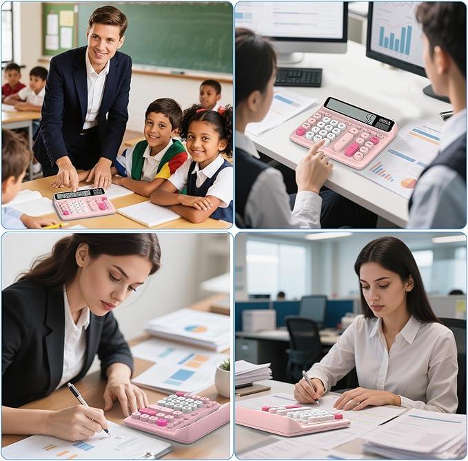 Desktop Calculator with Extra Large 5-Inch LCD Display, 12-Digit Two Way Power Solar & Battery Office Calculator with Big Buttons for Business, Accounting & Home Use(Pink)