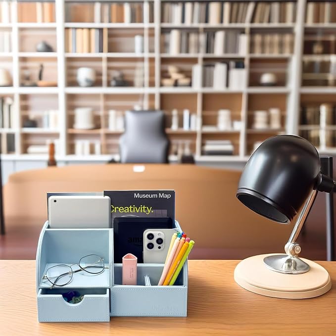 UnionBasic Desk Organizer - Multifunctional Leather Desktop Pen Holder Storage Box - Business Card/Pen/Pencil/Mobile Phone/Stationery Holder, Lychee Blue Revised