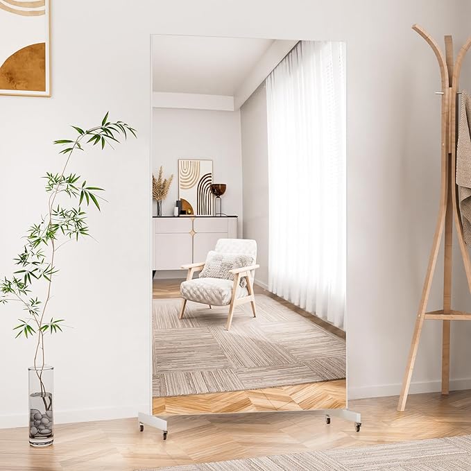 Brisafe Home Gym Mirror 71'' x 40'' - Rolling Safety Mirror for Dance Studio & Yoga, Ultra Clear Nano Material Full-Length, Oversized Shatterproof Floor Mirror With Wheels, 13LBS, White
