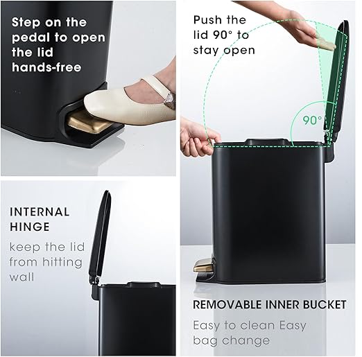 Small Bathroom Trash Can with Lid Stainless Steel Black Gold Garbage Can with Lid 6 Liter / 1.6 Gallon