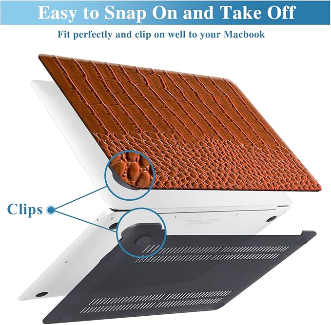 KEROM Crocodile Case for MacBook Pro 14 Inch 2024-2021 M4 M3 M2 M1 Pro/Max Chip A3112 A3185 A3401 A2918 A2992 A2779 A2442, Aligator Skin Snakeskin PU Leather Hard Shell & Keyboard Cover, Brown