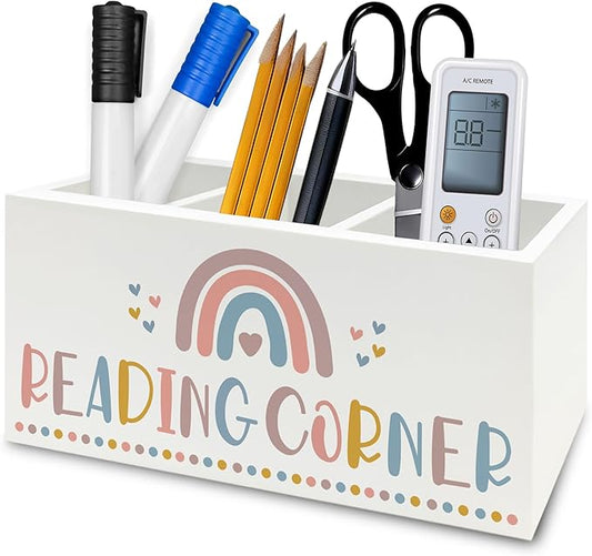 Boho Reading Corner Pen Pencil Holder Organizer for Desk, Boho Rainbow Bookish Wooden Box Signs Decorations for Reading Nook Corner Room Desk Tabletop, Book Lover Reader Gifts