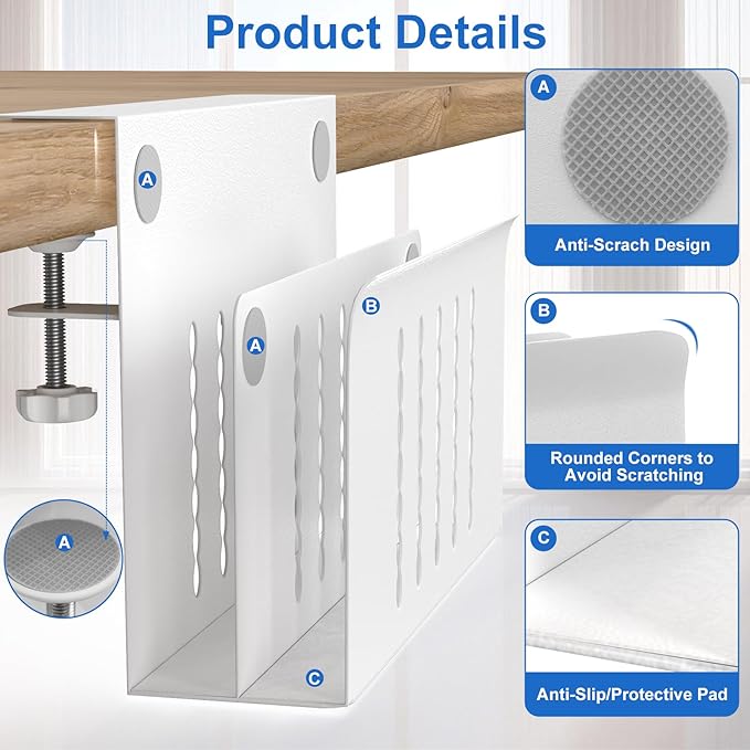 HAMOPY Desk Side Storage, 2 Tier Steel Hanging Desk Organizer with Magnetic Pen Holder, No Drilling Standing Desk Drawer Cable Management Tray, Under Table Laptop Holder for Office, School&Home(White)