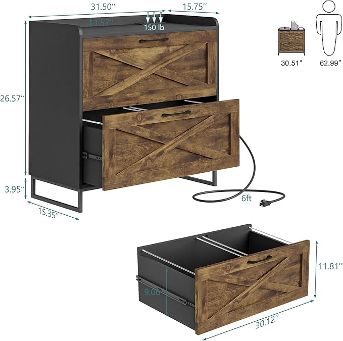 Lateral File Cabinet 2 Drawers File Cabinet with Charging Station, Modern Farmhouse Large Wood Home Office Furniture, Rustic Brown and Black