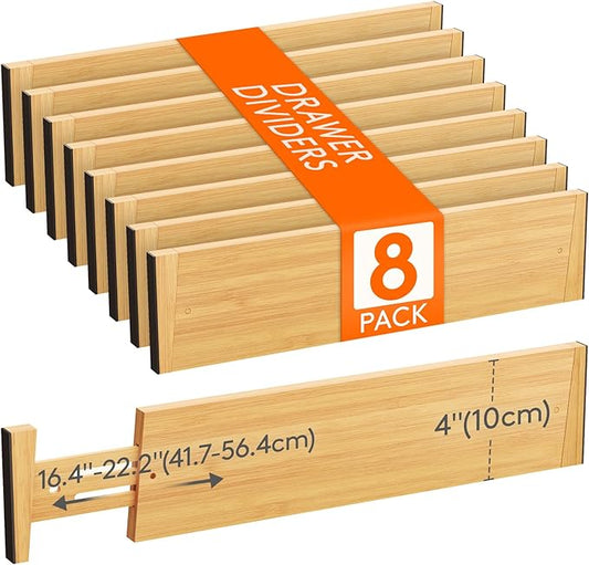 Lifewit 8 Pack Drawer Dividers Bamboo 4" High, 16-22" Adjustable Drawer Organizers for Clothes, Expandable Dresser Separators in Bedroom/Bathroom/Kitchen/Fridge/Office Organization and Storage